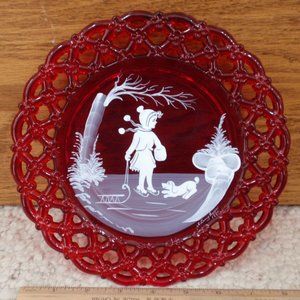 Vintage Mary Gregory Red Christmas Plate ~ Signed, Hand Paint Westmoreland Glass